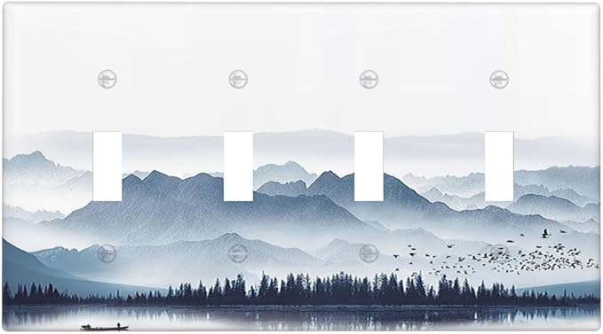 Light Switch Covers Mountain Foggy Lake Boat Grey Blue Forest Birds Quad Toggle 4 Gang Wall Plate Electrical Faceplate Decorative Switch Plates for Bedroom living Room Decor