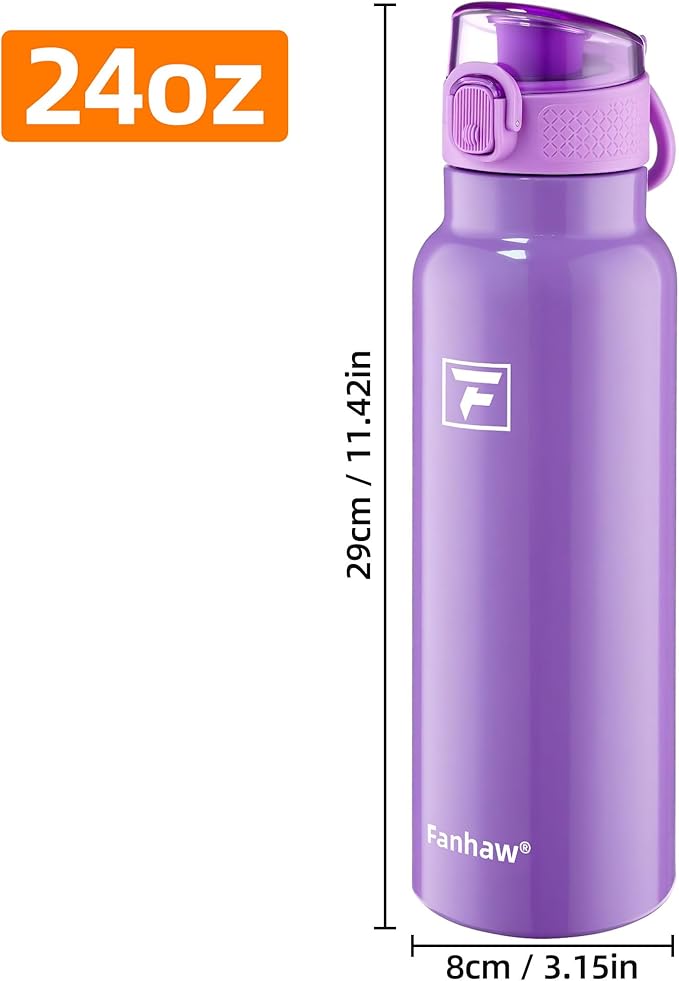 Fanhaw Daylite Series 24 oz Stainless Steel Insulated Water Bottle with Silicone Spout Lid, Double-Wall Vacuum Leakproof Metal Bottle, Anniversary Birthday Gift for Kids, Women & Men (Lilac)