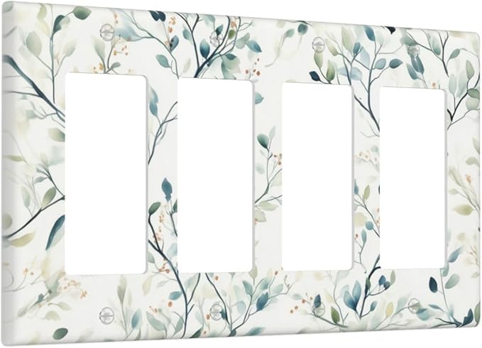 Watercolor Floral Green Leaves 4 Gang Light Switch Cover Green Botanical Flowers Quad Rocker Outlet Covers Wall Plate Decorative Faceplate for Bedroom Kitchen Living Room Decor