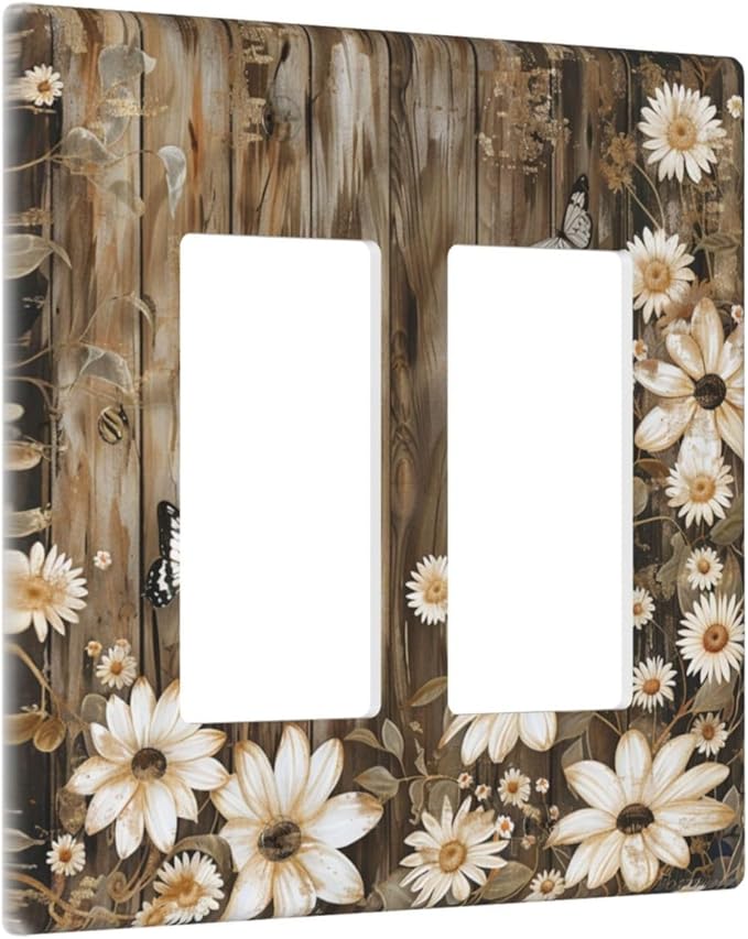 Light Switch Cover Plate Rustic Wood Butterflies Flowers Botanical 2 Gang Double Rocker Outlet Covers Decorative Switch plates Electrical Wall Plates GFCI Receptacle for Farmhouse Cabin Decor