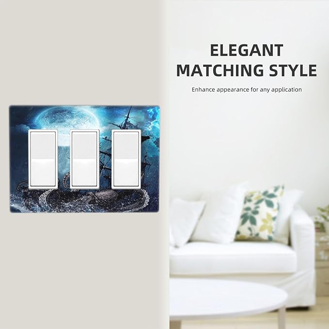Moon Ocean Nautical Octopus 3 Gang Triple Rocker/Decora Light Switch Wall Plate Cover Decorative Electrical Faceplate Switchplate for Bathroom Living Room Decor