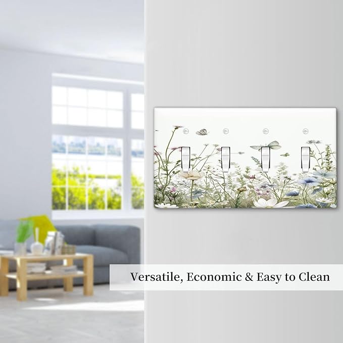 Colorful Wildflowers Daisy Plant Butterfly Floral Light Switch Covers Quad Toggle Electrical Faceplate 4 Gang Wall Plate Decorative Switch Plates for Bed Room Living Room Decor