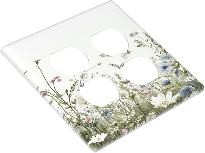 Colorful Wildflowers Daisy Plant Butterfly Floral Outlet Covers 2 Gang Double Duplex Decorative Light Switch Covers Electrical Wallplates Socket Faceplate for Bed Room Living Room Decor