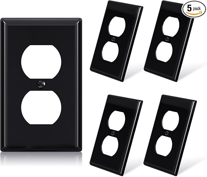 ELEGRP Duplex Receptacle Outlet Covers, 1-Gang Standard Size Wall Plates, Unbreakable Polycarbonate Dual Outlet Faceplates Covers, UL Listed, Color-matched Screws Included (5 Pack, Glossy Black)