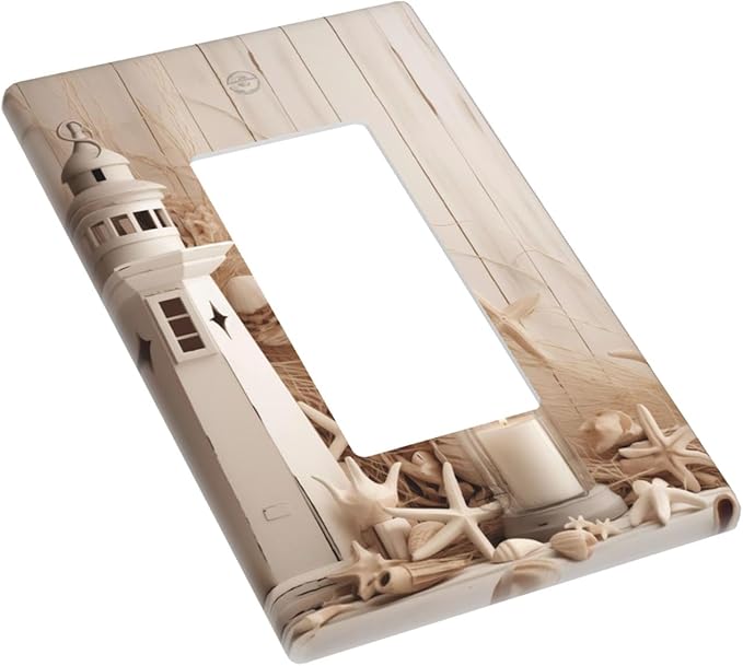 Nautical Seashell Lighthouse 1-Gang Rocker Wall Plate, Coastal Starfish Switch Plate for Bathroom, Beach House & Coastal Home