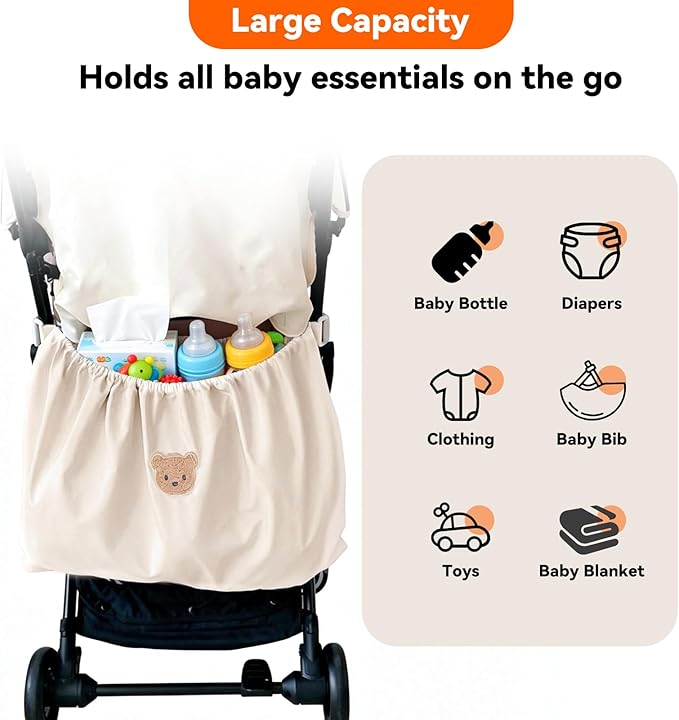 Universal Stroller Organizer, Nylon Stroller Storage Bag for Baby Essentials, Large Capacity Stroller Organizer Bag with Hook & Loop, Cargo Bag for Umbrella & Pet Stroller Accessories (Beige)