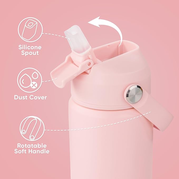 12 oz Water Bottle, 2 pack Kids Water Bottles for School, Toddler Water Bottle with Straw & Handle, 304 Stainless Steel Insulated Water Bottle, Non-slip Silicone Base, BPA Free, Pink Two Piece