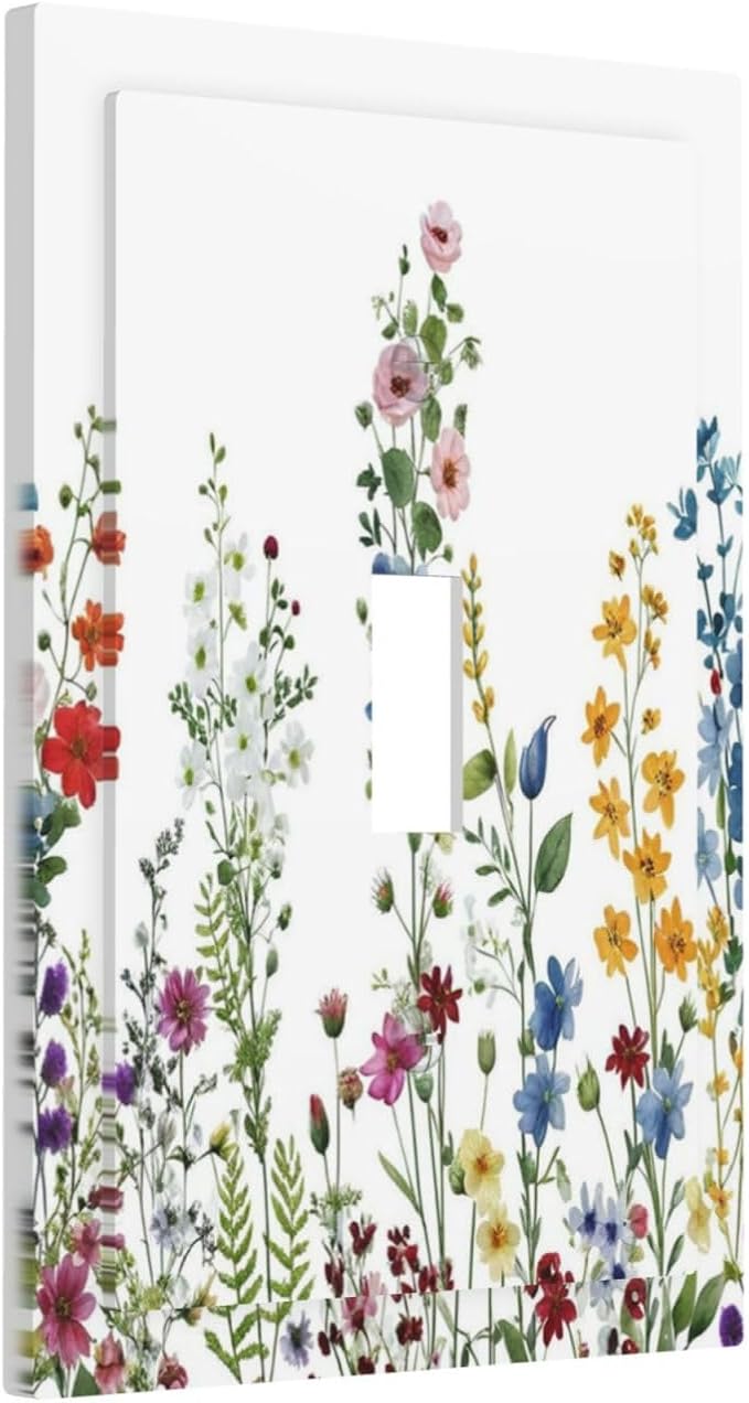 Light Switch Cover Plate Colorful Wildflowers Plants Flowers on White Background 1 Gang Switch Plate Covers Single Toggle Wall Plates Decorative Electrical Faceplate for Bathroom Home Decor