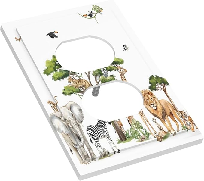 Large Animals Elephant Giraffe Jungle Lion Leopard Zebra Outlet Covers 1 Gang Duplex Light Switch Cover Decorative Switch Plates Electrical Receptacle Faceplate Wall Plate for Kids Room Nursery Decor