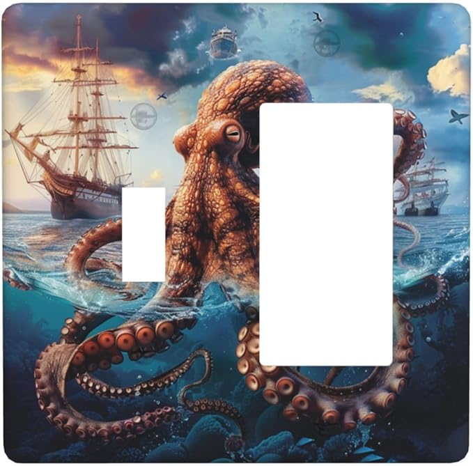 Outlet Covers Deep Ocean Octopus Sailboat Sea Monster 2 Gang Combo Light Switch Cover Plate Toggle Rocker Wallplates Decorative Switch Plates and Outlet Covers for Bathroom Bedroom Decor