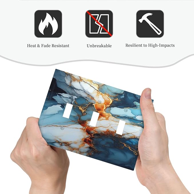 Light Switch Cover Plate Golden Abstract Luxury Marble 3 Gang Triple Toggle Decorative Switch Plates Wall Plates Electrical Switchplate Faceplate for Livingroom Bathroom Decor