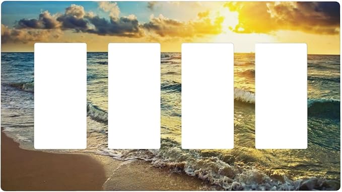 Sea Ocean Beach Sun Wave Sunrise 4 Gang Quad Rocker Light Switch Cover Plate Decorative Electric Faceplate Switchplate Living Room Bedroom Decorate Jumbo Screwless