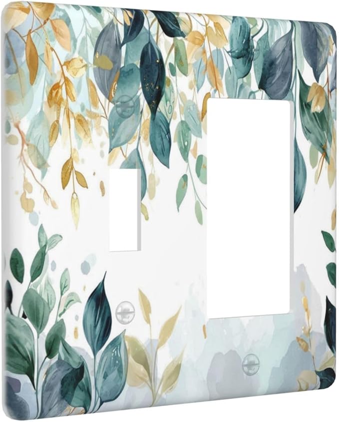 Boho Goldgreen Leaf Botanical Eucalyptus Leaves Outlet Covers 1 Toggle 1 Rocker Combination Decorative Wall Plate Electrical Switch Plates Light Switch Cover Plate for Bedroom Living Room Decor
