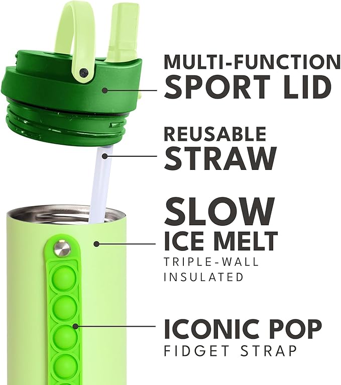 Elemental Iconic Kids Water Bottle for School - 100% Leak-Proof Insulated Water Bottles with Straw Lid & Pop-It Handle for Boys & Girls - Triple-Wall Insulated & BPA-Free, 20oz – Island Green