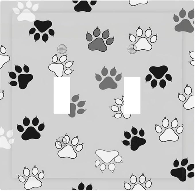 Monochrome Paw Print Double Toggle Switch Cover - 2-Gang Standard US Size Minimalist Dog Lover's Pet Paws Light Switch Covers, Neutral Tone for Pet Owners Decor