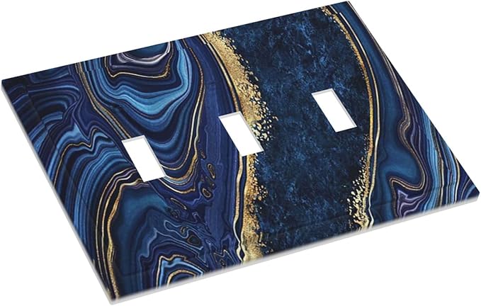 Blue Navy Marble 3 Gang Triple Toggle Light Switch Wall Plate Cover Marble Decorative Electrical Faceplate Teen Kids Boys Navy Blue Gold Abstract Bathroom Home Bedroom Art Panel Decorate 6.7" x 4.8