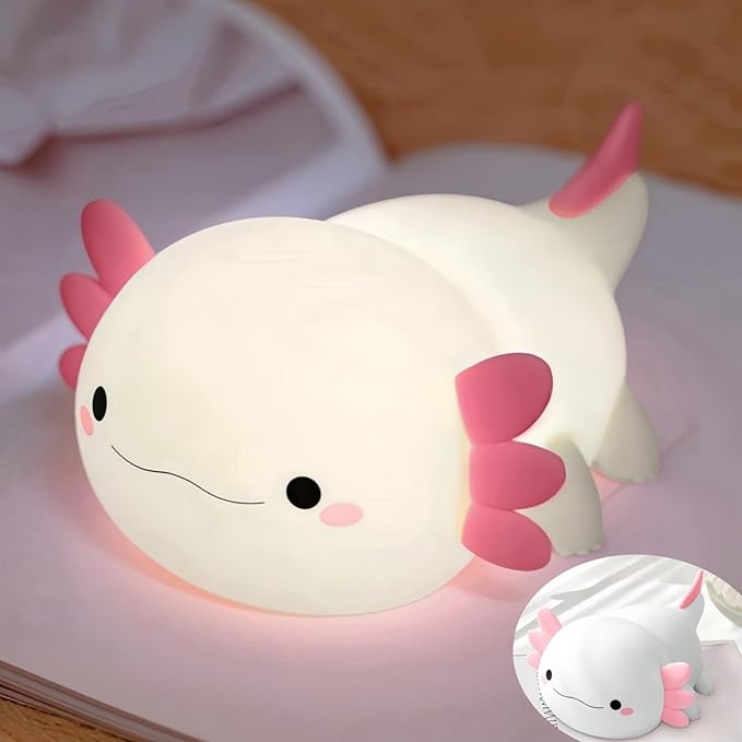 YR YRHH-PET Axolotl Night Light for Kids, Cute Squishy Rechargeable Axolotls Lamp, Unique White Pink Xmas Axolotl Gifts, Dimmable LED Silicone Nightlight, Baby Safe, Girls Room College Dorm Décor