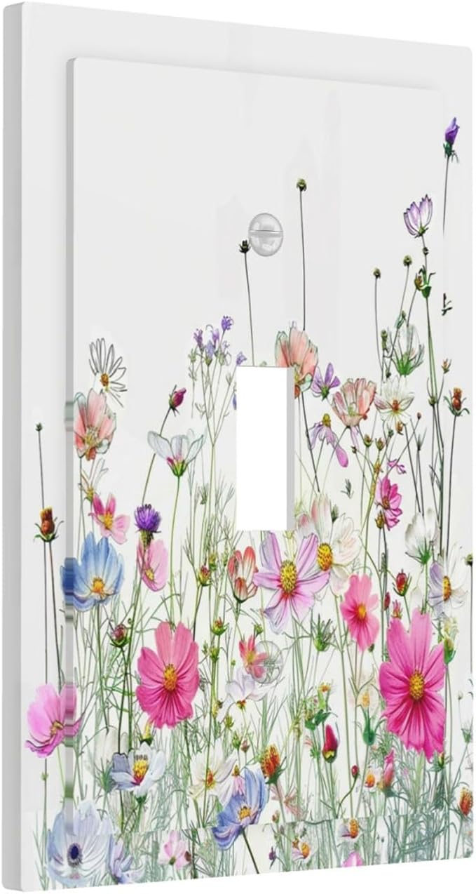 Decorative Light Switch Cover Boho Colorful Flowering Plant Wild Flower 1 Gang Single Toggle Device Electrical Faceplate Switchplates Decorator Outlet Wall Plate For Bed Room Living Room