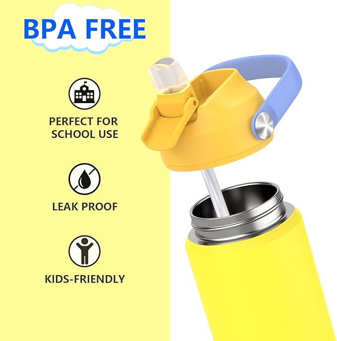 Kids Water Bottle with Straw,18 oz Boys Insulated Cups with Stainless Steel Leak Proof for School Boys Girls,Sport&Travel（Yellow）