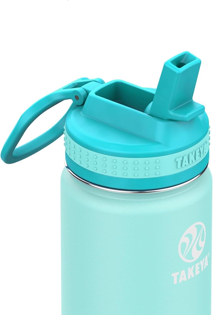 Takeya Actives Kids Water Bottle 16 oz Stainless Steel Double Wall Insulation BPA-Free Leakproof Straw Lid Easy Carry Handle Reusable Ideal for Boys and Girls, School, Sports - Surfer / Lagoon
