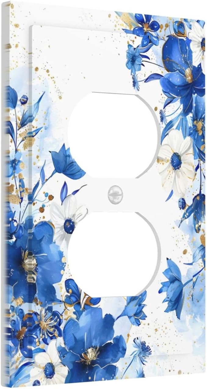 Klein Blue Flowers Watercolor Golden White Floral Outlet Covers 1 Gang Duplex Light Switch Cover Decorative Switch Plates Electrical Receptacle Faceplate Wall Plate for Bedroom Living Room Decor
