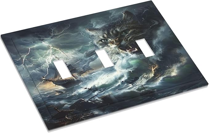 Light Switch Cover Plate funny Cat Stormy sea Lightning Sailboats 3 Gang Triple Toggle Decorative Switch Plates Wall Plates Electrical Switchplate Faceplate for Bathroom Kid Room Decor