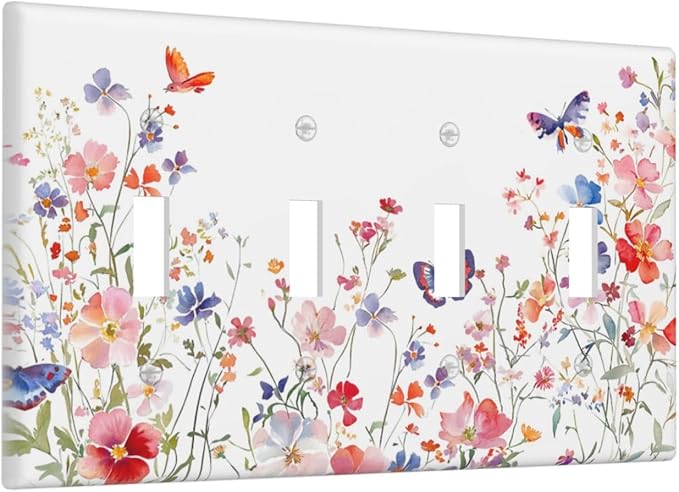 Colorful Flower Watercolor Floral Butterfly Bird Light Switch Covers Quad Toggle Electrical Faceplate 4 Gang Wall Plate Decorative Switch Plates Cover for Bedroom Living Room Decor