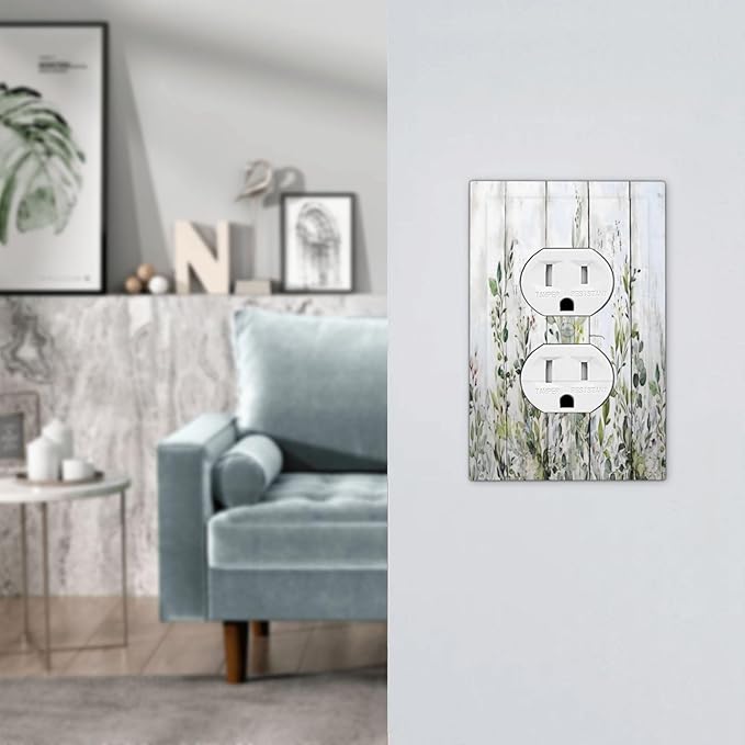 Sage Green Eucalyptus Rustic Country Botanical Leaf Flower Outlet Covers 1 Gang Duplex Light Switch Cover Decorative Switch Plates Electrical Receptacle Faceplate Wall Plate for Farmhouse Bedroom