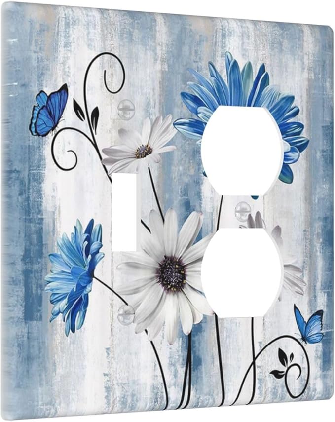 Light Switch Cover Rustic Teal Blue Daisy Floral Farmhouse 2 Gang Outlet Cover 1 Toggle Duplex Decorative Switch Plates Wall Plate Electrical Receptacle Faceplate for Bathroom Bedroom