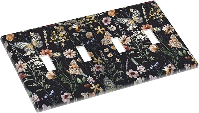 Vintage Flower Leaves Quad Toggle Wall Plates Decorative Butterfly 4 Gang Light Switch Cover Dark Backgrounds Electrical Switchplate Faceplate Butterfly Dimmer Decor for Bedroom Kitchen Bathroom