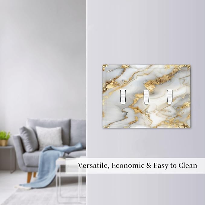 Luxurious White Gold Marble Patterns Abstract Decorative Switch Plates 3 Gang Wall Plate Triple Toggle Light Switch Cover Faceplate Electrical Wall Panels for Bathroom Kitchen Decor