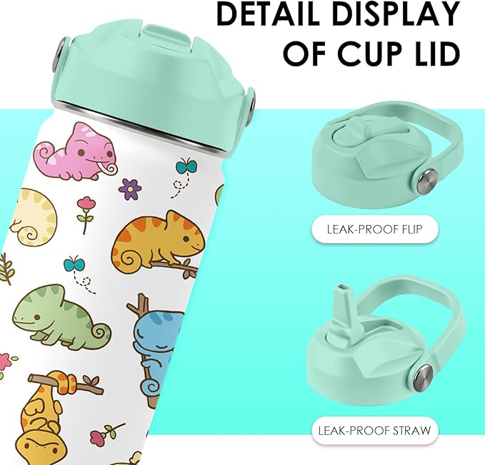Axolotl Gifts for Girls - 16oz Green Axolotl Water Bottle with Straw Lid, Stainless Steel Insulated Tumbler, Leak Proof, for Boys, Sport, Travel, School - Animal Lovers Children Birthday Gift Cup(1pc)