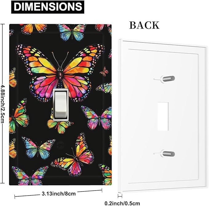 Colorful Butterflies Black 1-Gang Toggle Light Switch Plate, Enchanted Garden Butterfly Decorative Wall Plate for Bedroom Decor