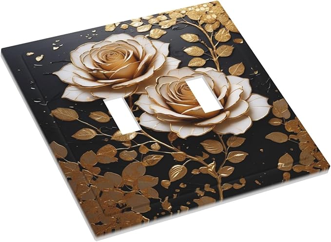 Decorative Light Switch Plate Covers Big Golden White Roses Glod Leaves Black Background 2 Gang Wall Plate Double Toggle Switch Cover Plate Electric Dual Device Electrical Faceplate