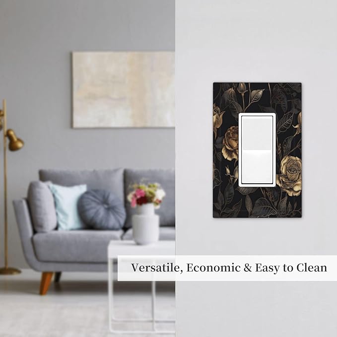 Black Floral Dark Vintage Gold Rose Flower Decorative Outlet Covers 1 Gang Single Rocker Light Switch Cover Plate Wall Plates GFCI Faceplate for Bedroom Living Room Decor
