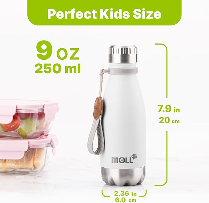 Small Water Bottles -9 oz Stainless Steel Insulated Water Bottles for Back to School Reusable Metal Flask for Girls (White)
