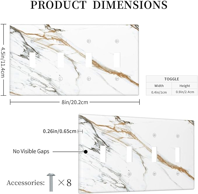 White Gold Marble Modern Abstract Luxury Print Light Switch Covers Quad Toggle Electrical Faceplate 4 Gang Wall Plate Decorative Switch Plates Cover for Bathroom Kitchen Decor