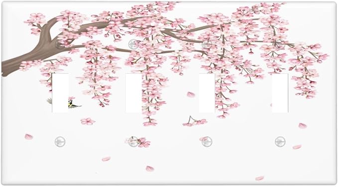Pink Flower Tree Branch Cherry Blossom Tree Floral Birds Light Switch Covers Quad Toggle Electrical Faceplate 4 Gang Wall Plate Decorative Switch Plates Cover for Bedroom Living Room Decor