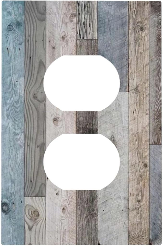 1 Gang Duplex Receptacle Outlet Cover Retro Rustic Vintage Barn Western Blue Grey Wood Plank Country Old Garage Style Electrical Wall Plate One Gang Dual Device Light Switch Faceplate Socket Cover