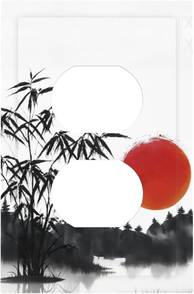 Decorative Outlet Covers Artistic Describe Black Bamboo Japanese Red Sun 1 Gang Wall Plate Receptacle Duplex Light Switch Cover Plate Single Dual Plug Covers Electrical Switchplate