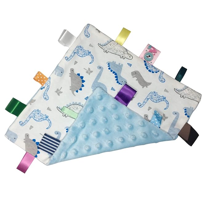Lovey Dinosaur Security Blanket for Baby - Soft Plush Sensory Toy Comfort Appease Towel with Minky Dot Fabric - Small Taggy Blanket, No Crinkle Paper - Light Blue