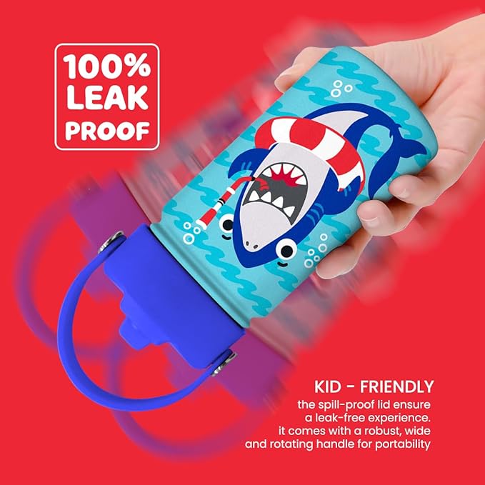 SANDJEST Shark Water Bottle - Kids Water Bottle with Straw Lid - 12 Oz Insulated Stainless Steel Water Bottles for Toddlers Kid Boys - Travel Cup for School Sports