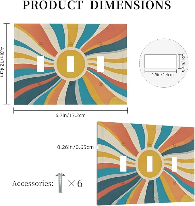 Decorative Switch Plate Cover with Retro Mid-Century Modern Sunburst Motif Design 3 Gang Artistic Wall Plate Unique Triple Toggle Light Switch Covers for Abstract Teal/Yellow/Orange Wall