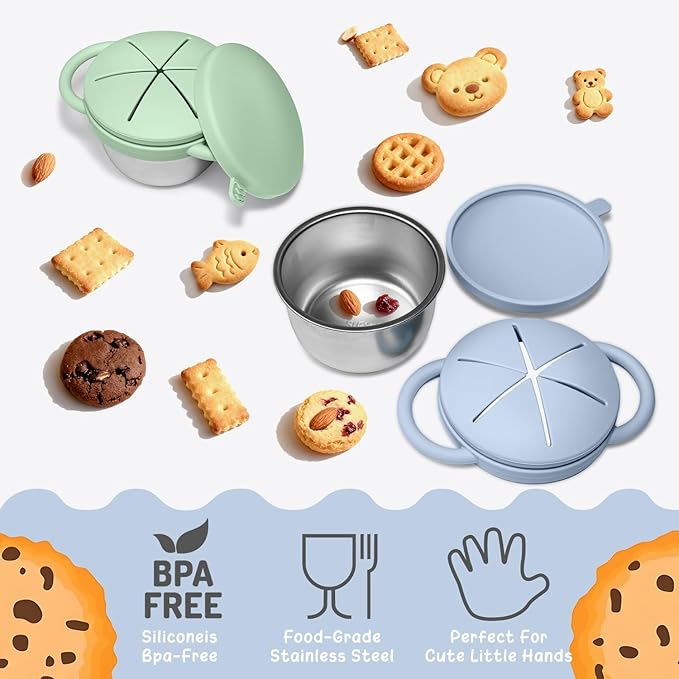 2 Pack Toddler Snack Cups, Baby Stainless Steel Snack Containers for Kids with Spill Proof Food Grade Silicone Lids & Handles 9 OZ No Spill Baby Snack Box for Mess-Free Snacking