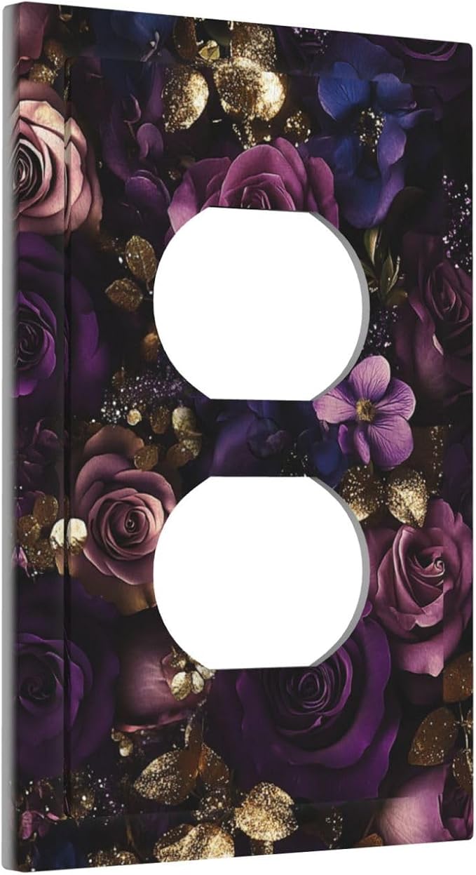 Decorative Outlet Covers with Luxurious Purple Roses Gold Accents Leaves Design 1 Gang Duplex Light Switch Cover Plate Unique Wall Plates Switchplate Cover for Romantic Bedroom/Living Room