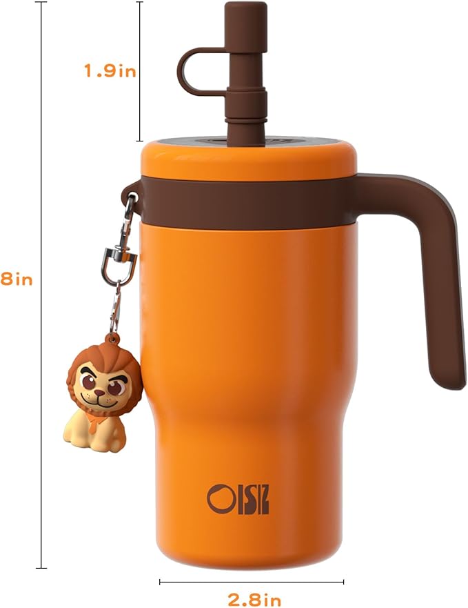OISIZ 14oz Kids Tumbler with Straw Lid & Handle,Kids Cup with Animal Accessory for School,Kids Water Bottles with Dust-proof Cover,Leakproof Water Bottles,316 Stainless Steel,Keep Cold 24 Hours-orange