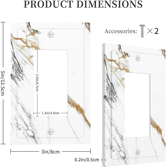 White Gold Marble Modern Abstract Luxury Print Decorative Outlet Covers 1 Gang Single Rocker Light Switch Cover Plate Wall Plates GFCI Faceplate for Bathroom Kitchen Decor