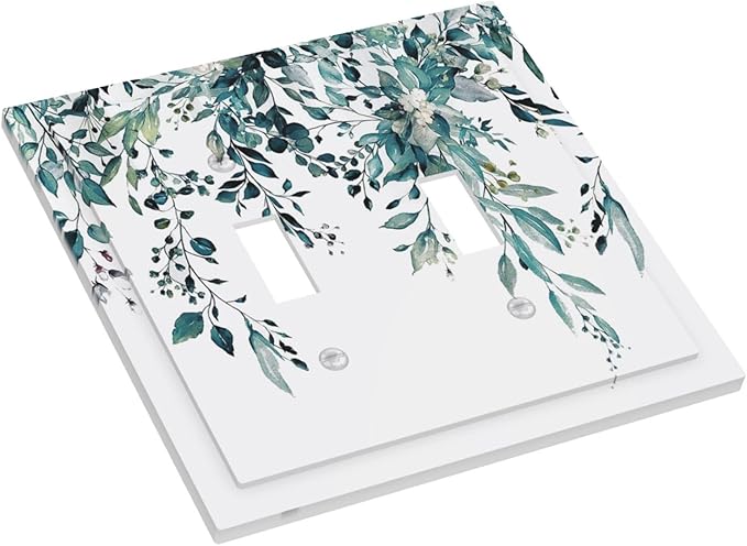 Decorative Light Switch Cover Plate Green Eucalyptus Boho Olive Leaves Country Unique 2 Gang Wall Plate Cover Double Toggle Switch Plate Covers Electric Dual Device Electrical Faceplate