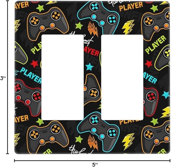 Teen Kid Boys Video Playing Gamer Gaming Game 2 Gang Double Rocker/Decorator Light Switch Cover Funny Controller Decorative Wall Plate Electrical Face Outlet Covers Screwless for Dimmer, USB Outlet