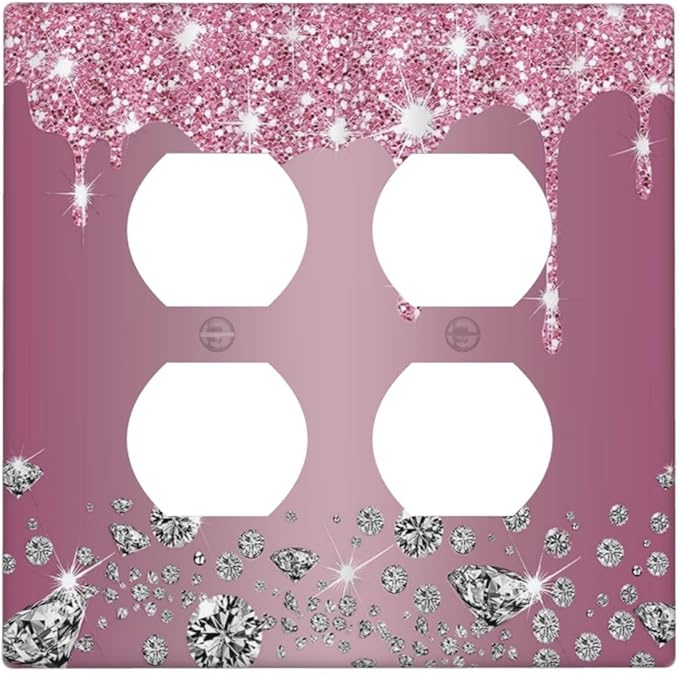 Decorative Outlet Covers Sparkling Diamonds Pink Silver Glitter Drops 2 Gang Wall Plate Cover Double Duplex Receptacle Two Switch Light Switch Cover Plate Jumbo Dual Face Plate